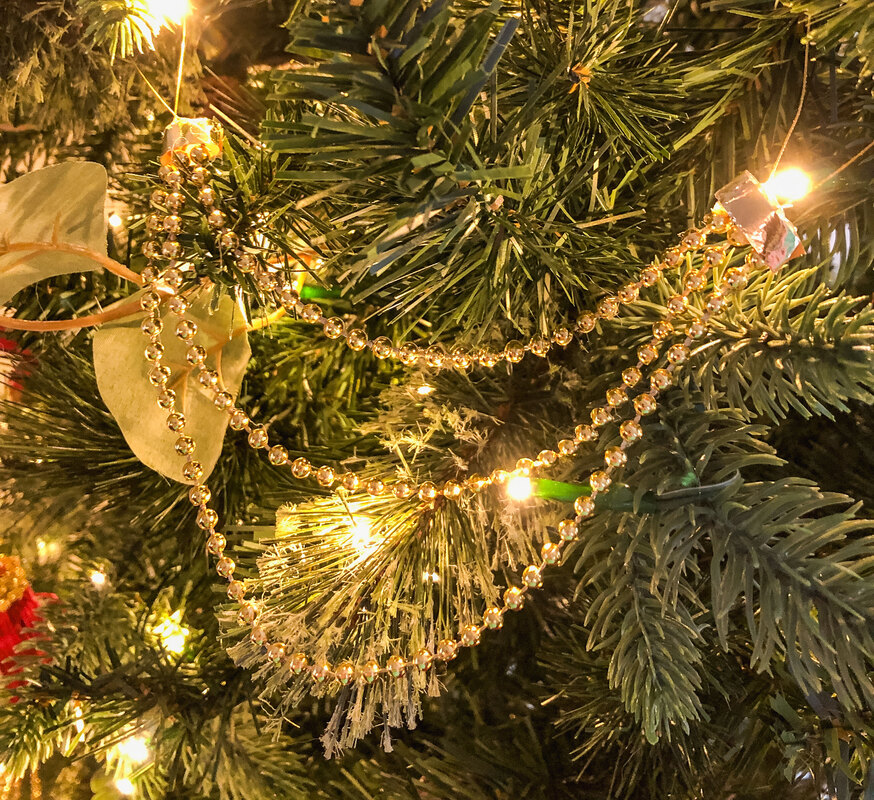 Handmade gold pearl swag Christmas tree ornaments.