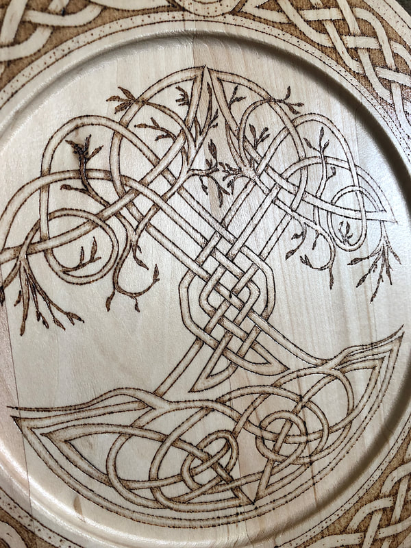 Hand drawn wood bruned tree of life artwork by Di's Studio Designs.