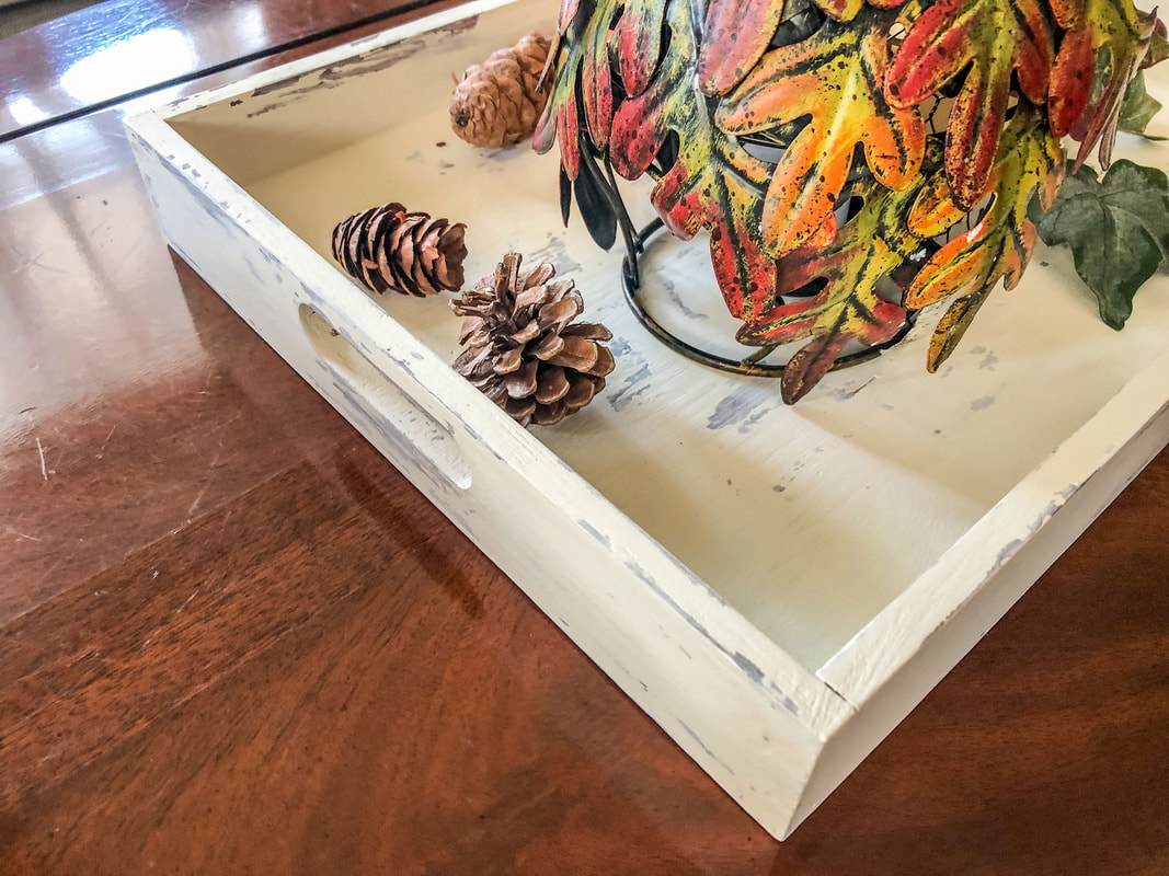 DIY decorative tray staged with Autumn decor.